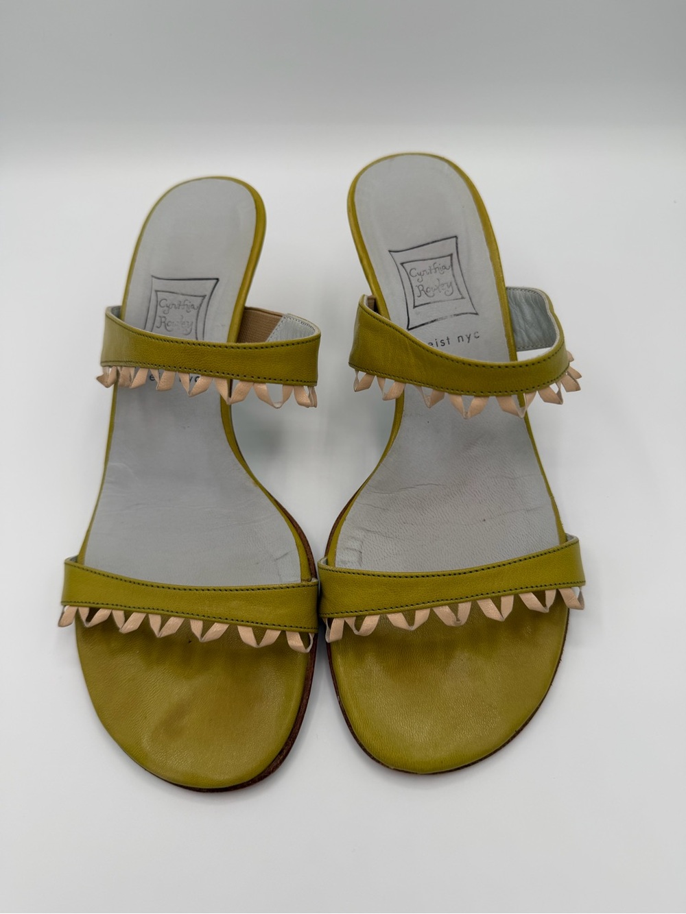 Cynthia Rowley Olive Green Slide Heels with Beige Stud Trim - Picture 3 of 5